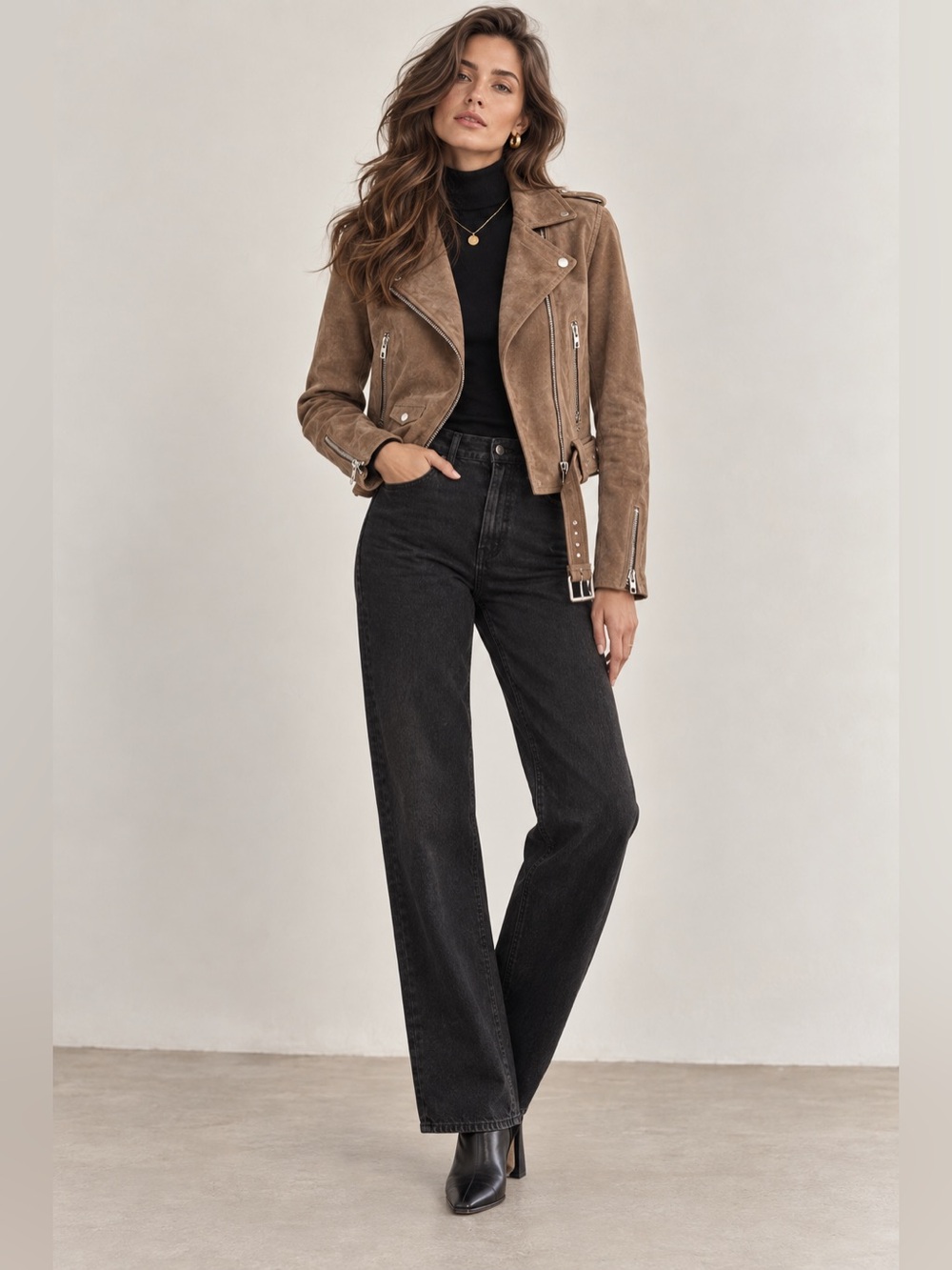 Blank NYC Taupe Brown Leather Suede Moto Jacket Bikercore Cropped Zip Buckle XS - Picture 4 of 10